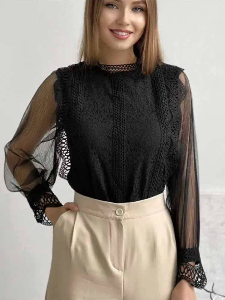 

Elegant Lace Blouse; Long Sleeve O Neck Women's Shirt ;2025 Spring Autumn New Fashion Solid Blouses And Top; Office Lady Shirt