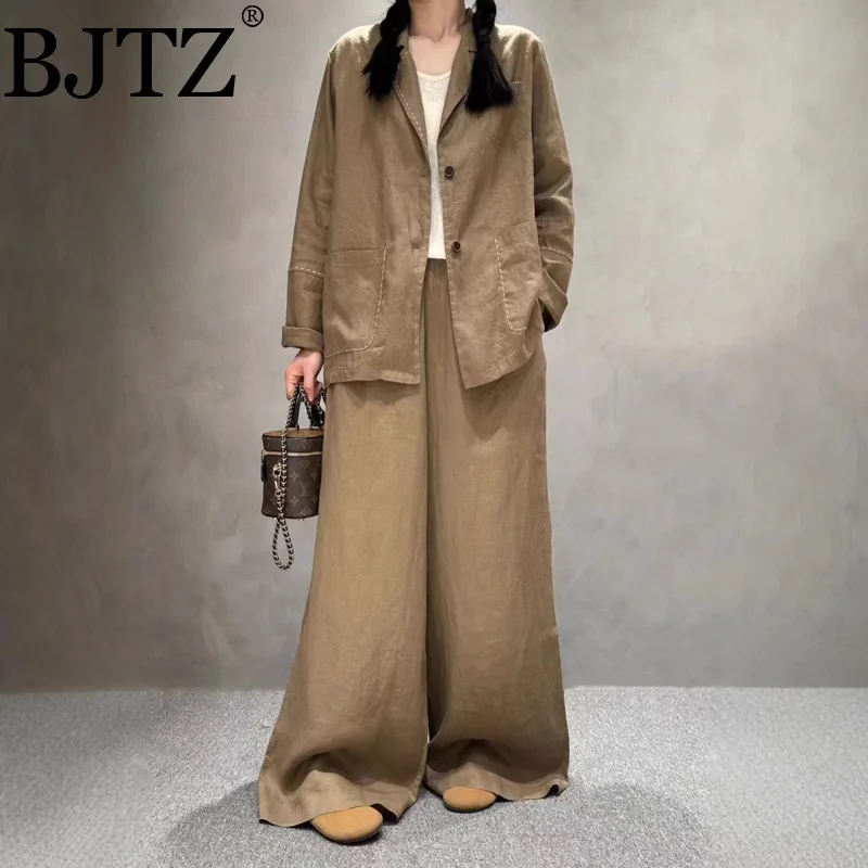 

Bjtz 2025 летний женский льняной пиджак с воротником, повседневный модный костюм, комплект, универсальная куртка с длинными рукавами, комплекты с широкими брюками