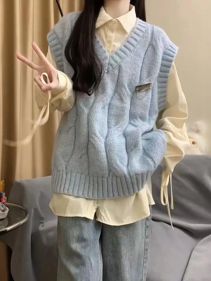 

Женский вязаный витой свитер, жилет, комплект College Sle, ретро, белый, длинный воротник-свеч, на пуговицах, модный комплект