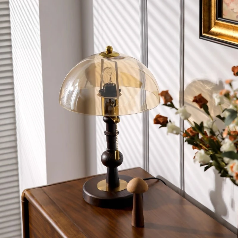 French Retro Wooden Base LED Table Lamps Rotundity Amber Glass Lampshade Living Room Bedroom Office Study Atmosphere Desk Lights