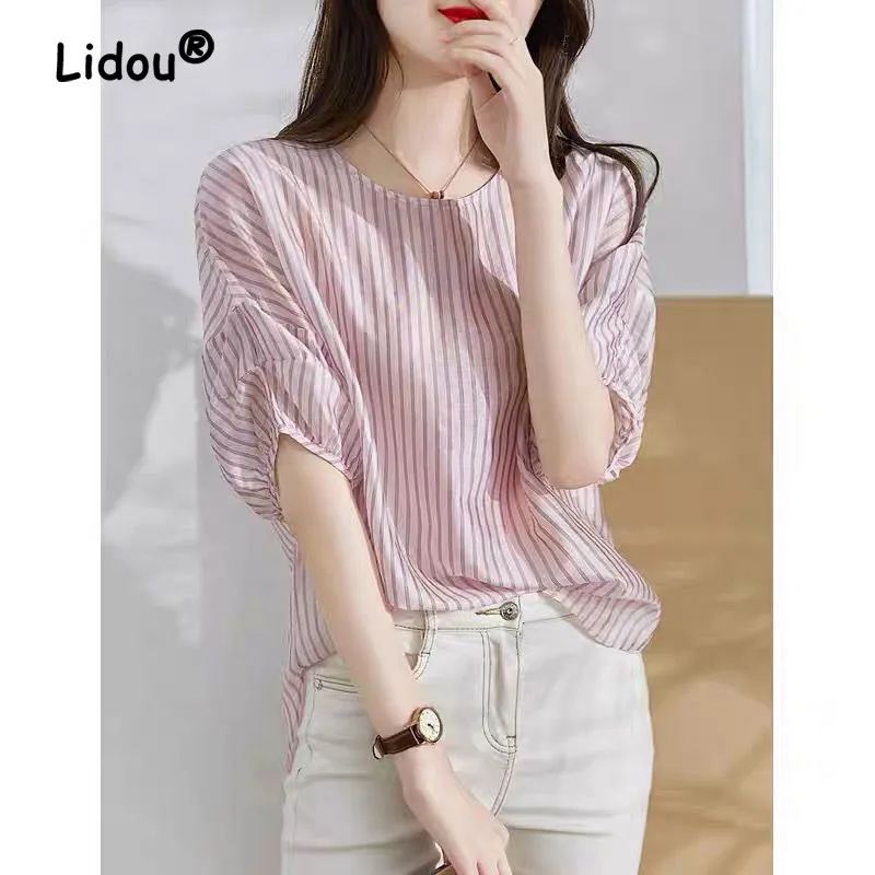 Loose Summer Women Blouse New High-quality Puff Sleeve Striped O-collar Casual All-match Lady Pullover Chiffon Shirt 2023