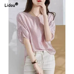 Lose Sommer Frauen Bluse Neue High-qualität Puff Sleeve Striped O-kragen Casual Alle-spiel Dame Pullover chiffon Hemd 2023