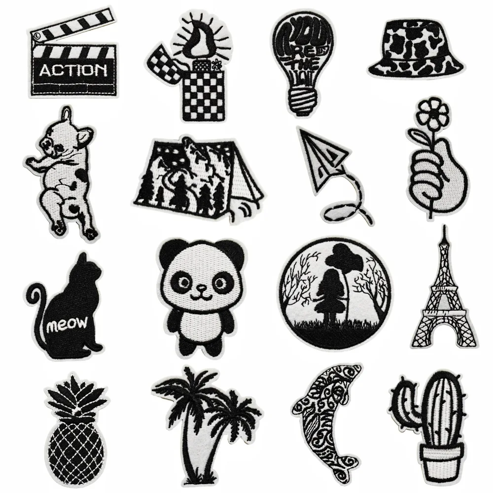 Carnival Cute Black And White Cloth Patch Computer Embroidery Label Back Glue Ironing Clothes Accessories Decorative Patches