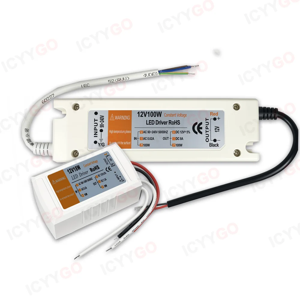 

Светодиодный драйвер DC12V, источник питания переменного тока 110 В/220 В в постоянный ток 12 В, подходит для светодиодных лент мощностью 18 Вт, 28 Вт, 48 Вт, 72 Вт и 100 Вт, светодиодный драйвер-трансформатор