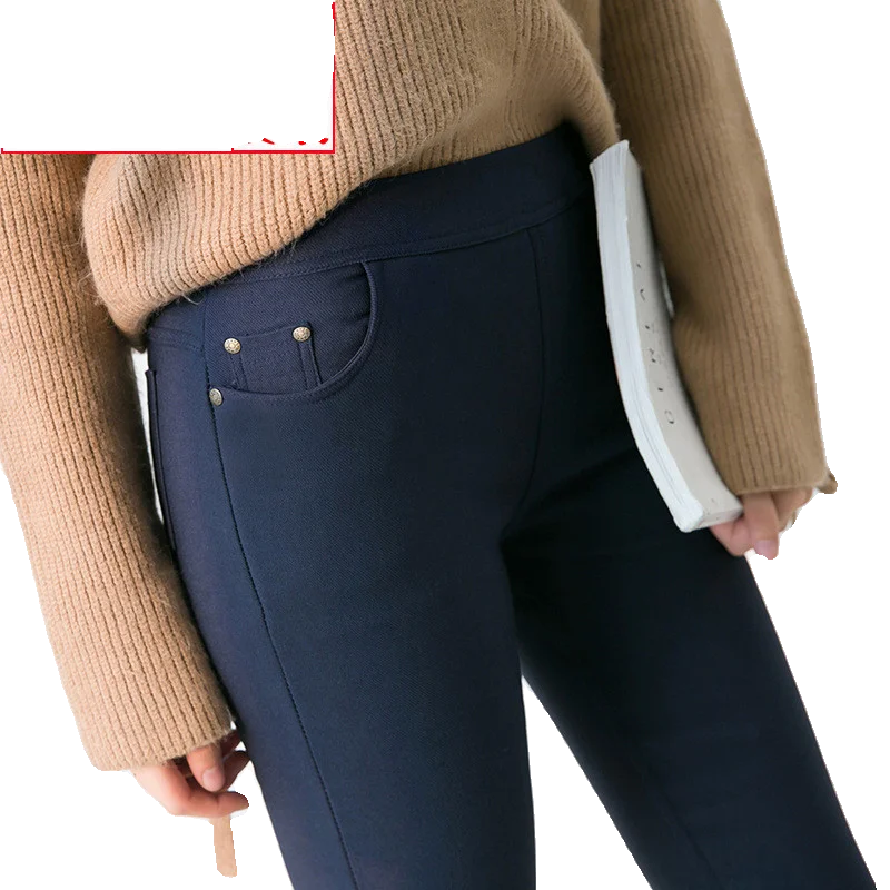 plus Size High Waist Women's Pants Elastic Slim Fit Black Bottoms Casual Nine-Piece Nylon Fiber Spring Autumn Wear