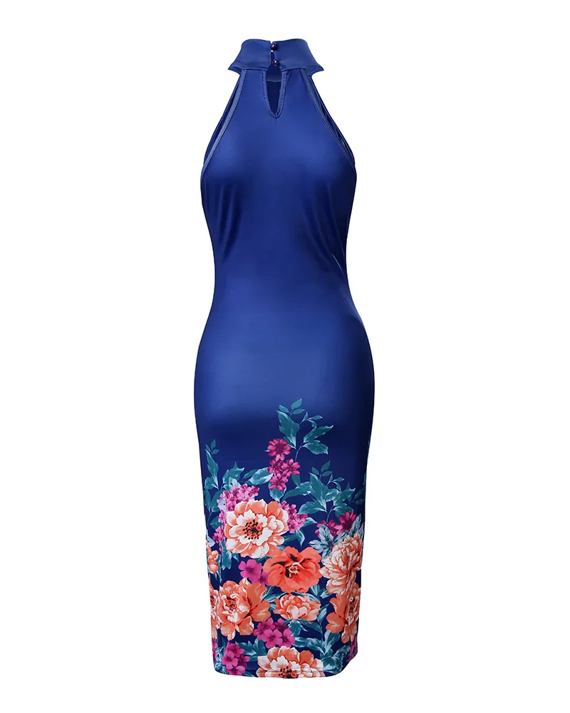 Vestido de festa sexy bodycon feminino, gola alta brilhante, sem mangas, estampa floral, roupas femininas