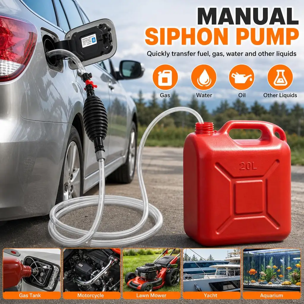 9.8Ft Multifunctional Manual Pump Hose With Flow Valve Siphon Pump Portable Automotive Tool