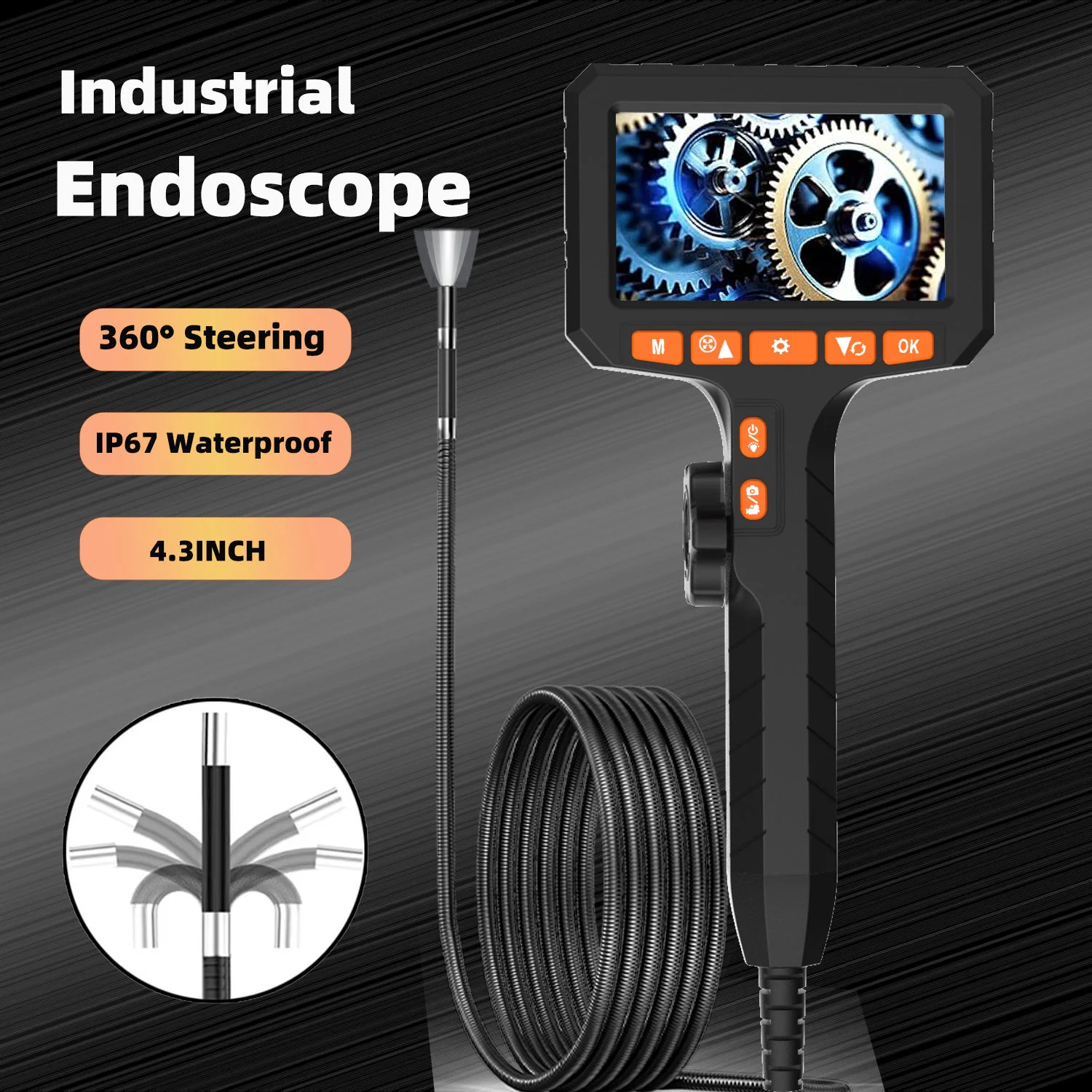 Portable Articulated Borescope Inspect Camera 4.3Inch 8LED IP67 2-Way 360° Professional Steering Industrial Sewer Pipe Endoscope