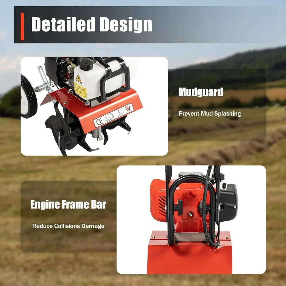 52CC Gas Powered Tiller Cultivator 2-Stroke Garden Yard Rototiller Tilling Gasoline Power Mini Tiller Cultivator Tool