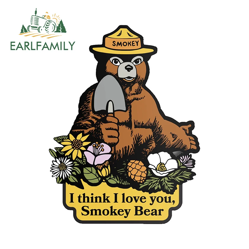 EARLFAMILY 13cm x 9.9cm Smokey Bear Car Stickers I Think I Love You Cartoon Plant Vinyl Auto Decal Funny Motorcycle Accessories