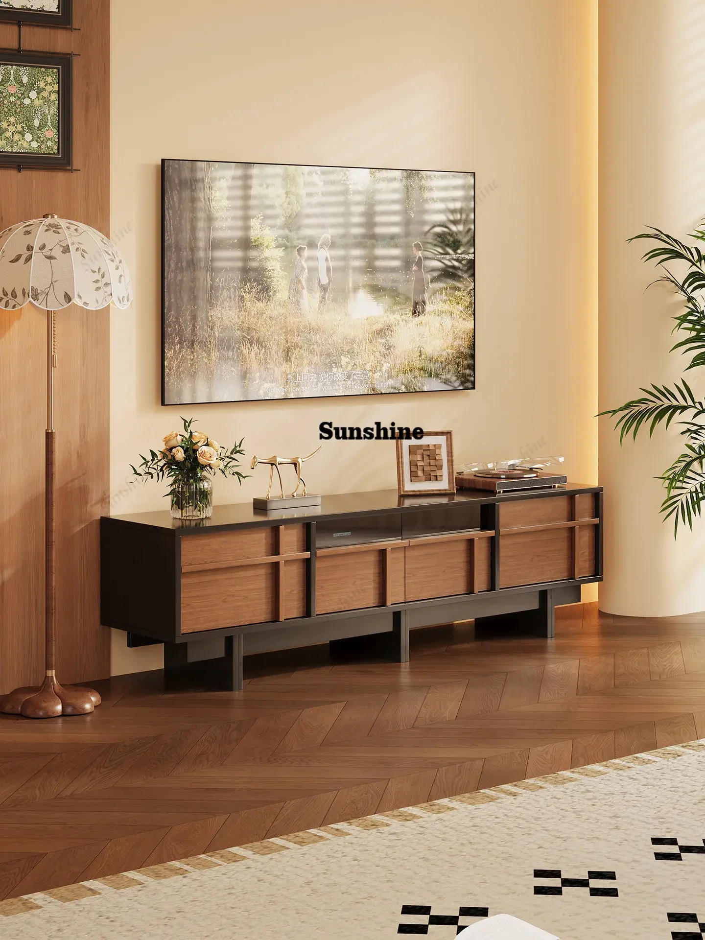 

Medium-sized high-legged small apartment TV cabinet integrated living room household solid wood long floor cabinet FT