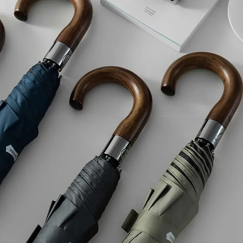 122cm Big Sun Umbrella Man Woman, Business Style Wooden Handle Folding Automatic Umbrella Windproof Strong 8 Ribs