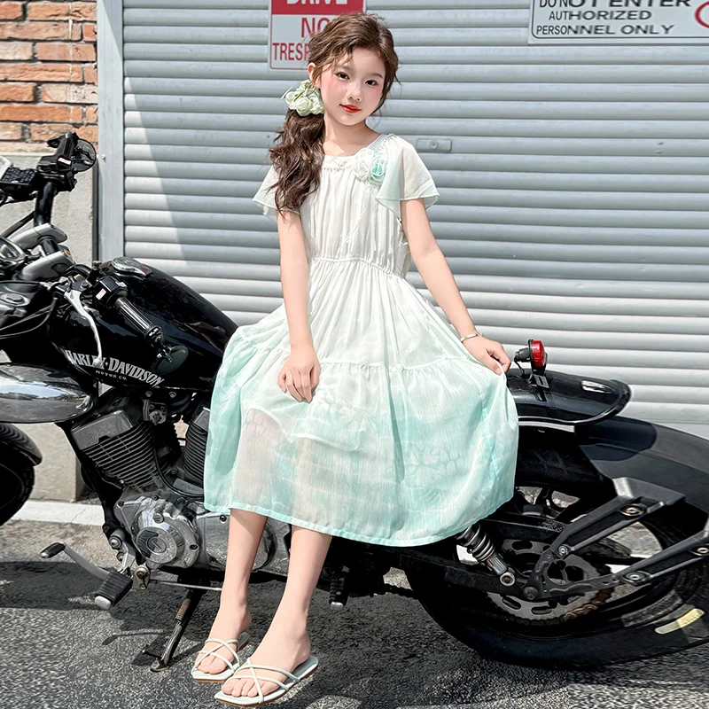 2025 New Summer Girls' Dress Short Sleeve Children's Chiffon Color Changing Princess Dress Student Holiday Beach Long Dress
