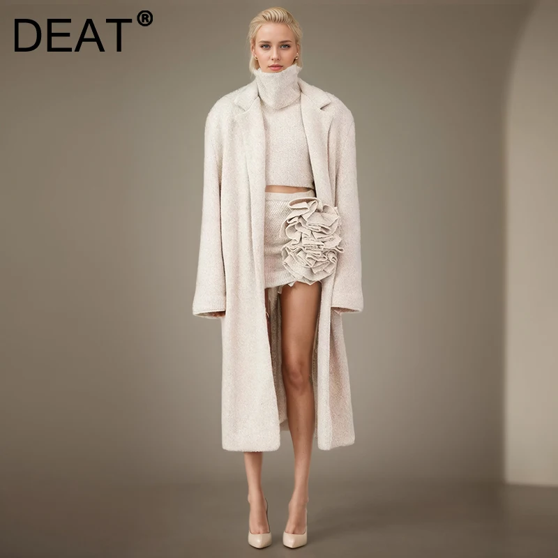 DEAT Fashion 3 Piece Set Women's Long Sweater Coat Three Dimensional Flowers Mini Skirt Knitted Cardigan Suit Spring 2025 New