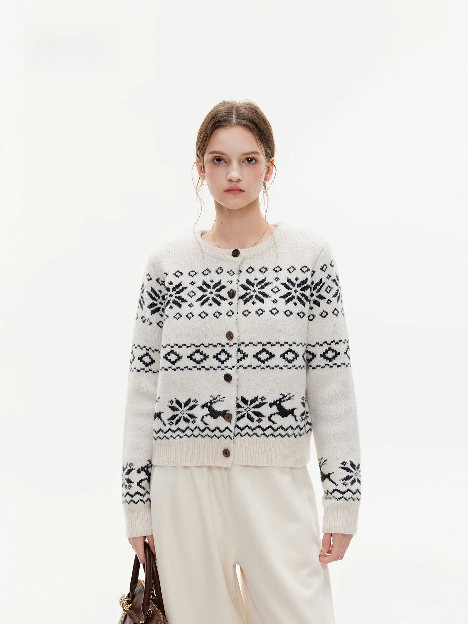 

Azmi Retro Fair Isle Knitted Open Cardigan Women's Autumn Winter Loose Slimming Casual Versatile Sweater Warm Thermal