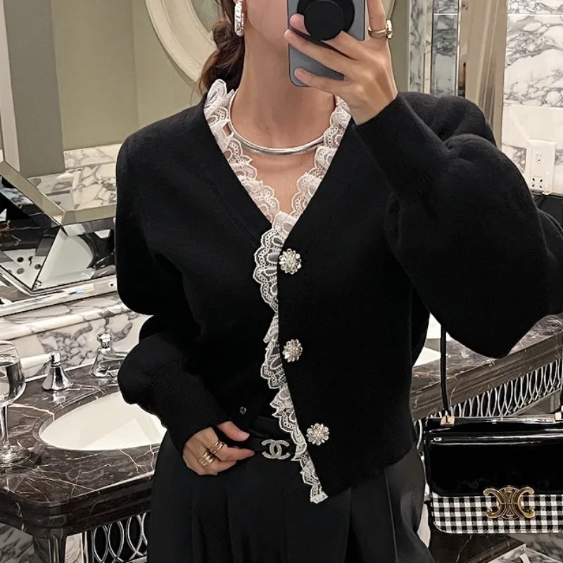 

Винтажный красный вязаный кардиган, женский укороченный кружевной черный свитер, верхняя одежда, элегантный корейский трикотаж с v-образным вырезом, зимние дизайнерские джемперы