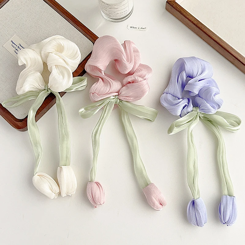 Süße koreanische Haarbänder für Damen und Mädchen, elegante Tulpe, Scrunchie, Pferdeschwanzhalter, Schleife, elastischer Haarschmuck
