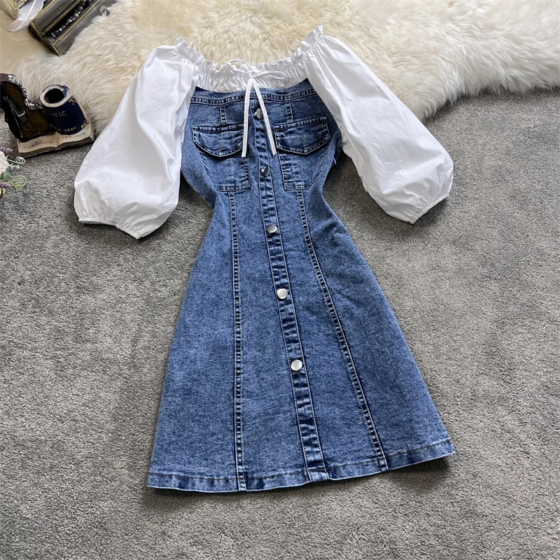 

Women's One-Line Neck Puff Sleeve Shirt Splicing Denim Skirt Korean Fashion Summer High Waist Single Breasted Dress Streetwear