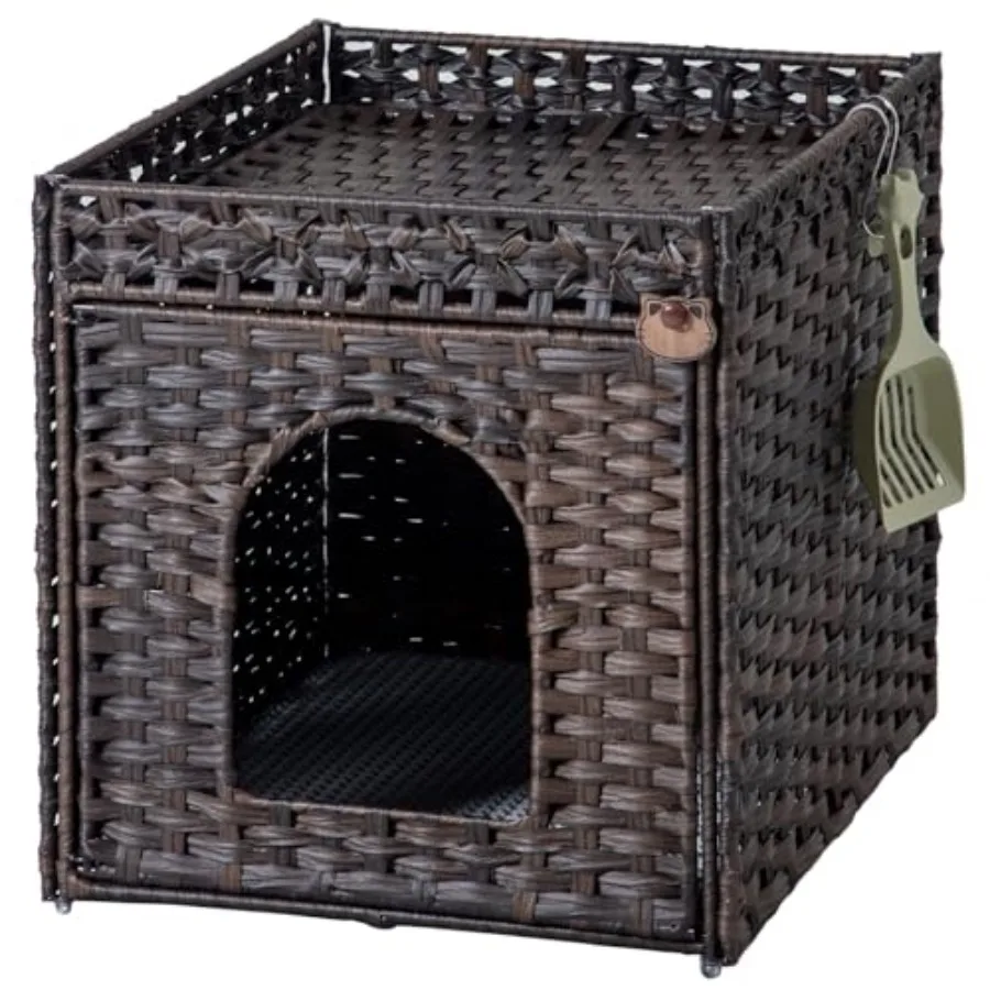 

Cat Litter Box Enclosure Furniture, Hidden Litter Box with Mat and Fence, Handwoven Rattan Cat House with Two S-Shaped Hooks fo