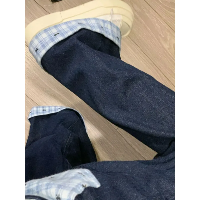 

Y2k Embroidery Baggy Jeans Women Summer Vintage Plaid Patchwork Denim Trousers Harajuku Korean Sweet Oversized Jeans Cutecore