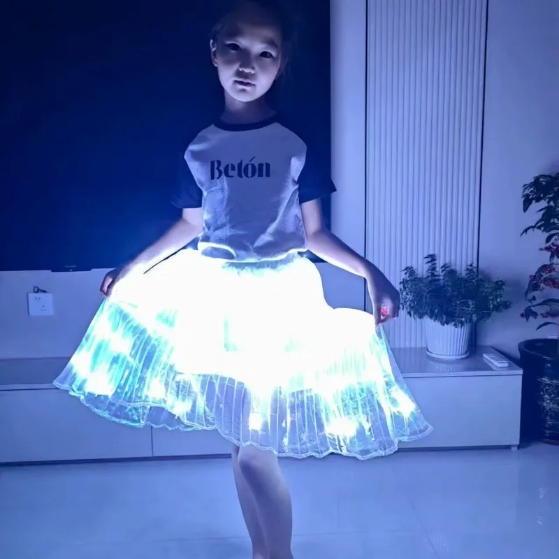 White LED Light Up Skirt Stage Performance Pleated Maxi Circle Skirt Middle Eastern Dance Costume Glowing Full Swing Apparel