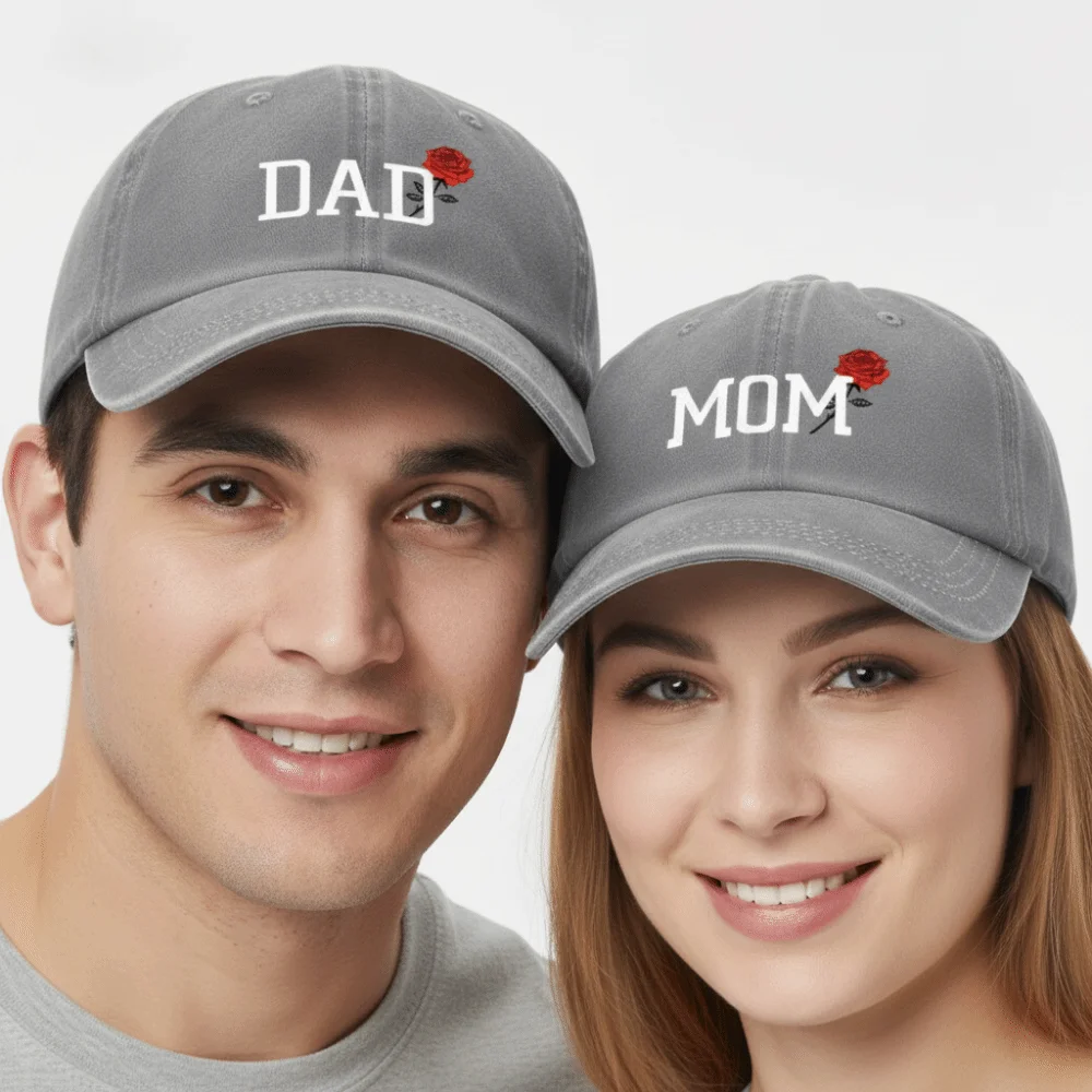 2pcs/set Fashion Washed Cotton Mom Dad Rose Printed Cap Adjustable Classic Couple Cap Sunscreen Hats For Man Women