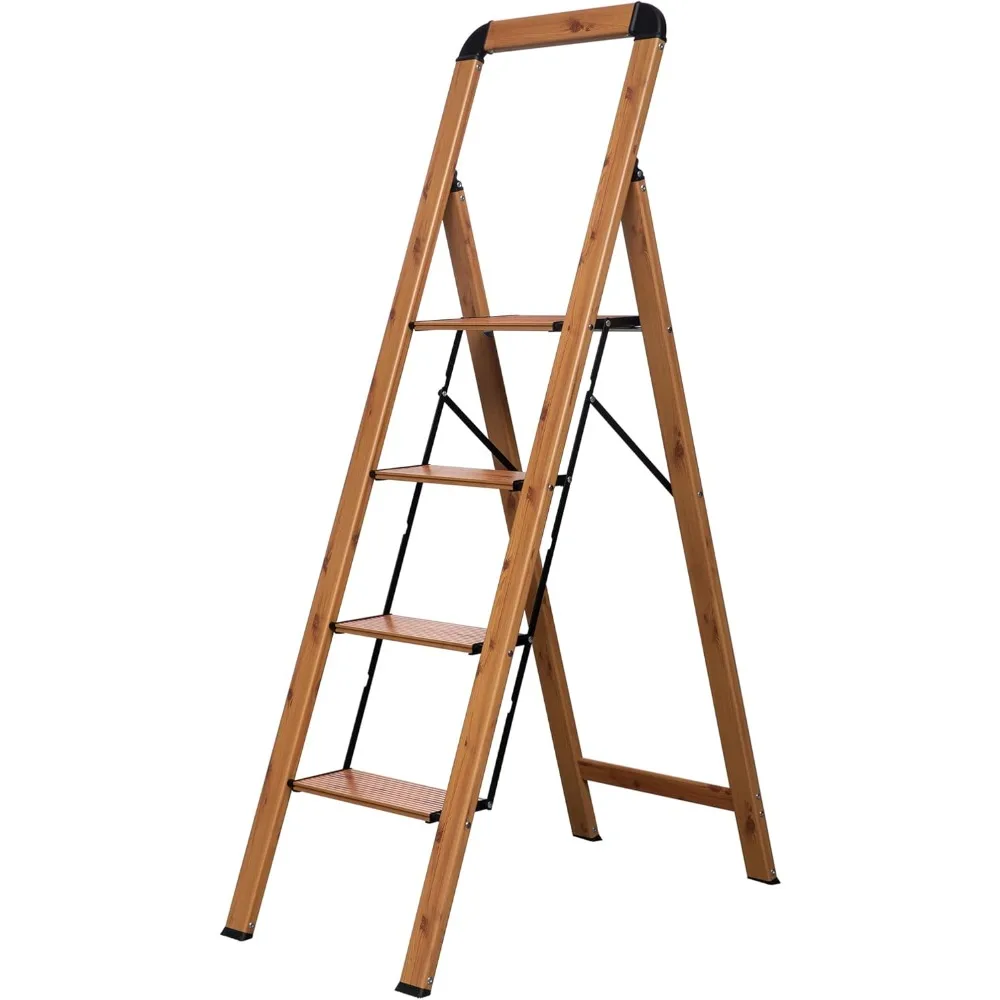Tangga Lipat Aluminium 4 Langkah dengan Finishing Kayu, Pedal Lebar, Anti-Selip, Portabel, Kokoh untuk Rumah & Dapur Kantor.