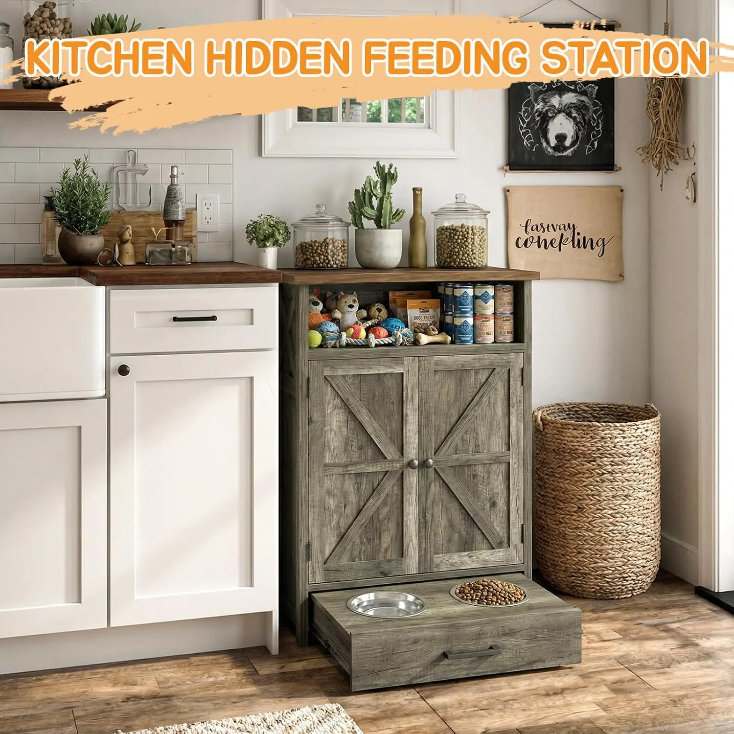 Dog Feeding Station with Storage Cabinet & Elevated Bowls, Grey