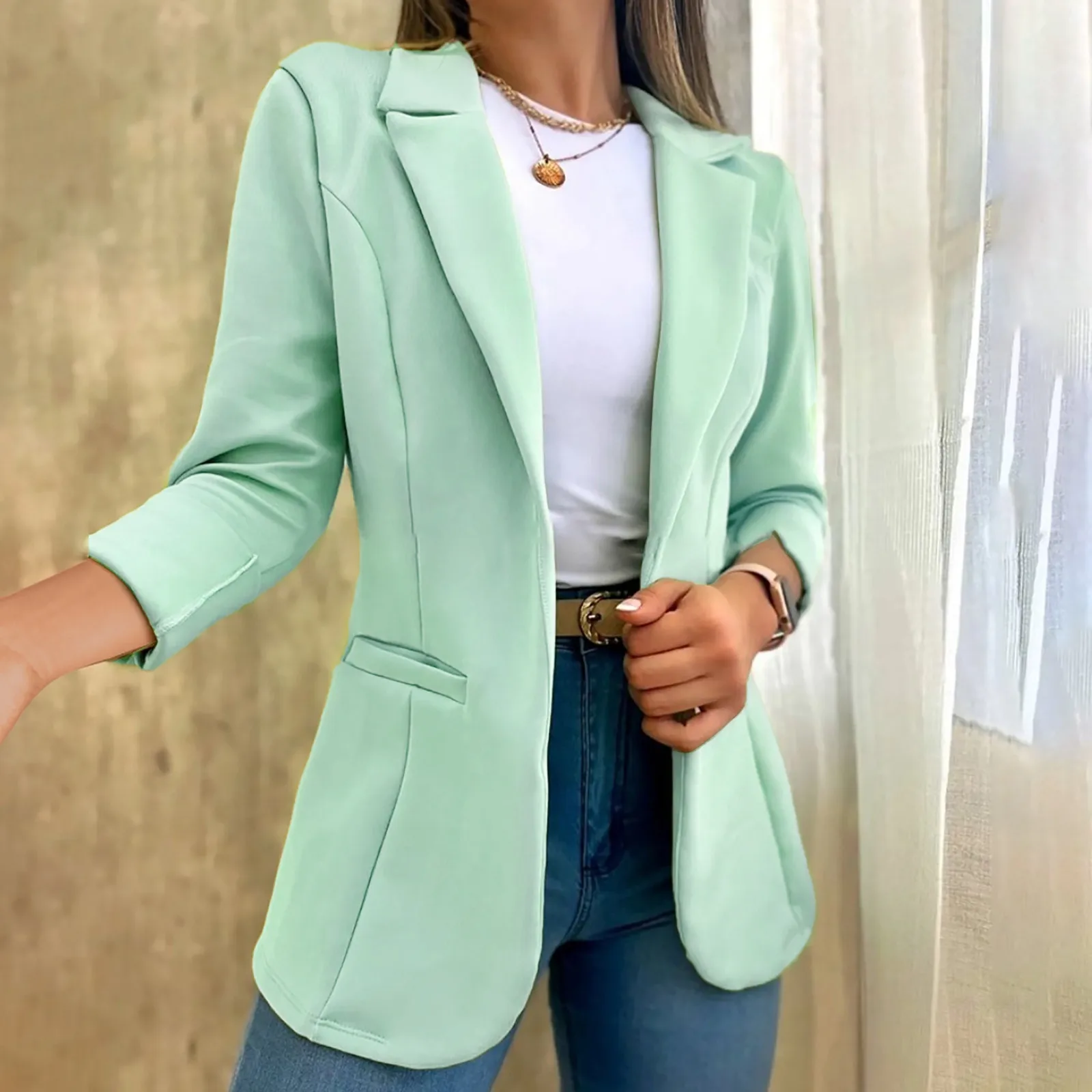 Women'S Office Elegant Pure Color Long Sleeve Coat Women Spring Autumn Casual Pocket Suit Jacket 2024 Solid Open Stitch Coats