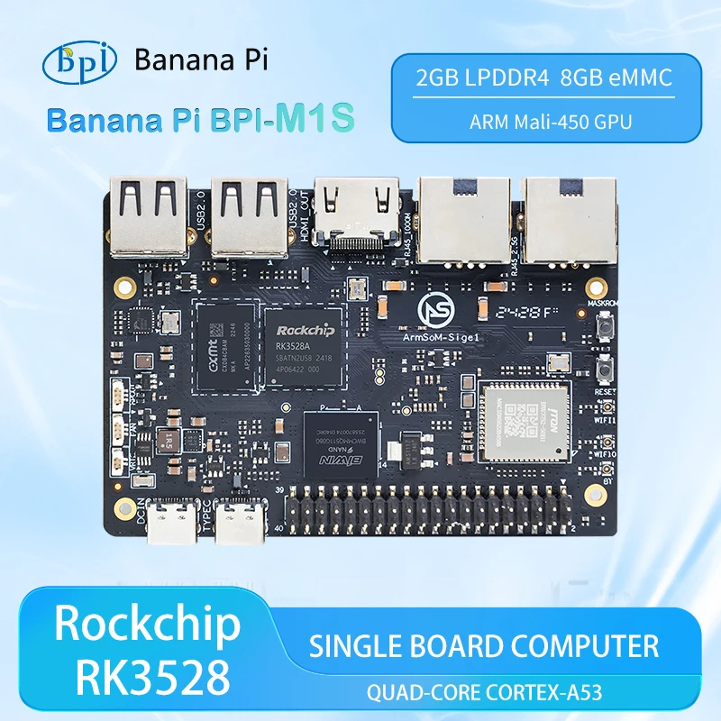 

Banana Pi BPI-M1S Rockchip RK3528 Четырехъядерный процессор Cortex-A53 2 ГБ 32-битный LPDDR4x 8 ГБ eMMC 60 кадров в секунду 4K видео Интеллектуальный одноплатный компьютер