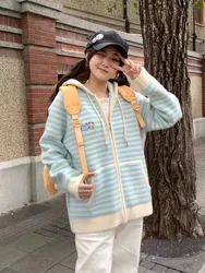 Y2k Aesthetic Cartoon Embroidery Hooded Cardigans Casual Grunge Contrast Color Stripe Tops Worean Japanese Loose Zipper Sweater