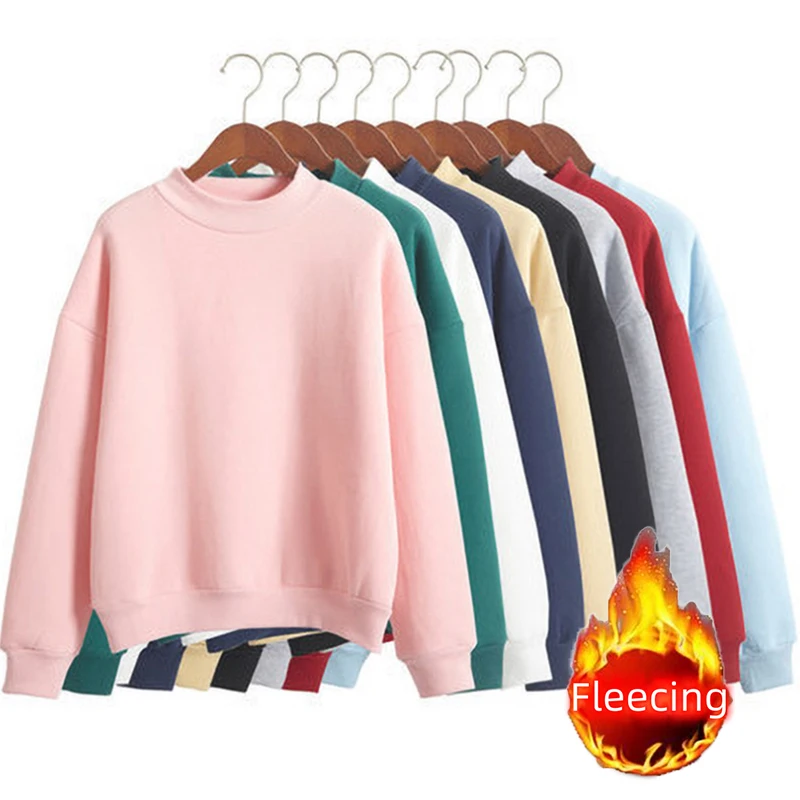 Fleecing Half High Neck Long Sleeve Casual Top For Women Clothing Autumn Winter Trend Solid Simple Pink Sweatshirts New Basic