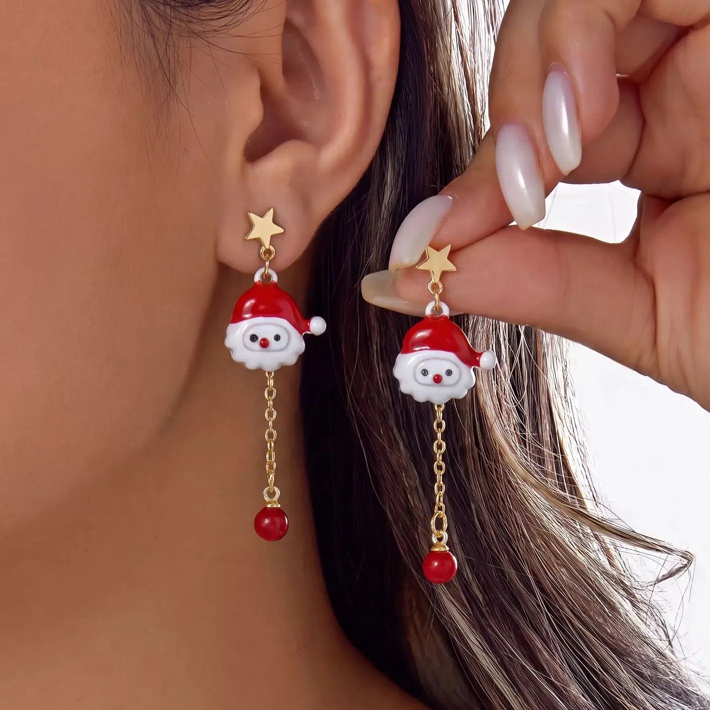 Cute Cartoon Santa Claus Long Tassel Earrings For Women Red Love Heart Beads Chain Dangle Earring Christmas Party Jewelry Gift
