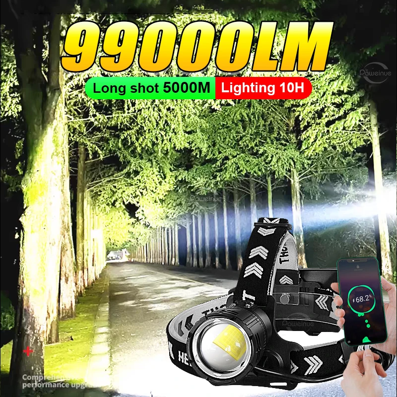 

99000 Lumens High Power LED Headlamp USB Rechargeable LED Headlight XHP360 Zoom Head Flashlight Fishing Hat Light Spotlight