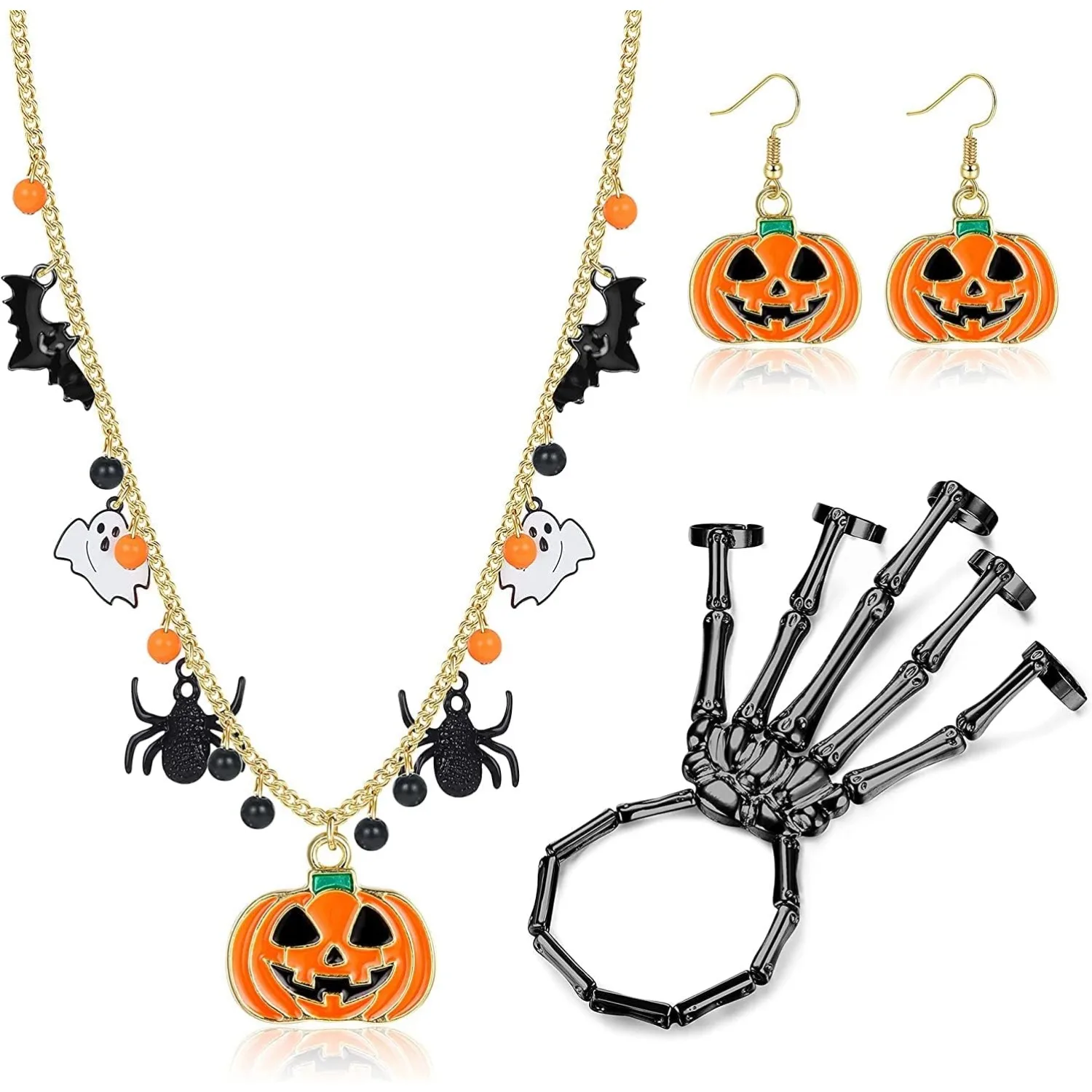 

3Pcs Halloween Jewelry Set-Women's Ghost Skull Pumpkin Pendant Necklace Cute Pumpkin Drop Earrings Skeleton Hands Bracelets