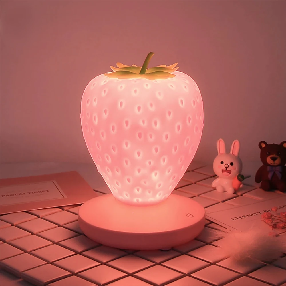 

LED Strawberry Lamp for Bedroom Silicon Touch-Sensor USB Rechargeable Dimmable Idyllic Bedside Night Light for House Decoration