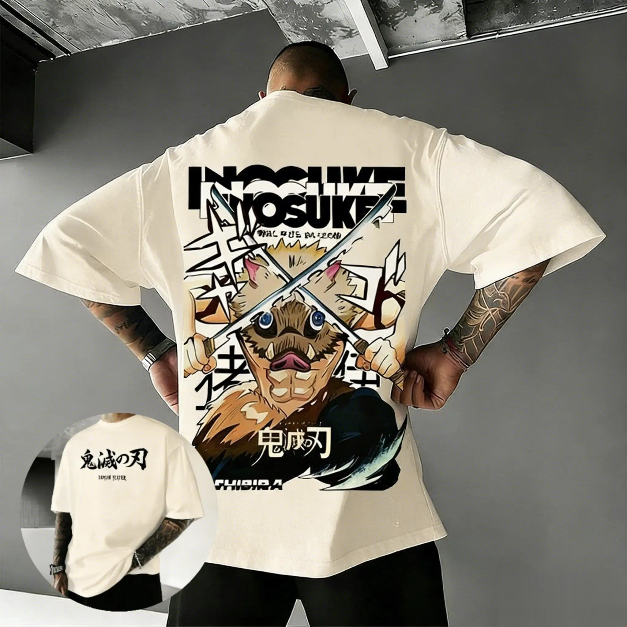 

Мужские летние футболки Demon Slayer, новинка 2026, модный универсальный повседневный свободный топ с принтом аниме Hashibira Inosuke Y2K для родителей и детей