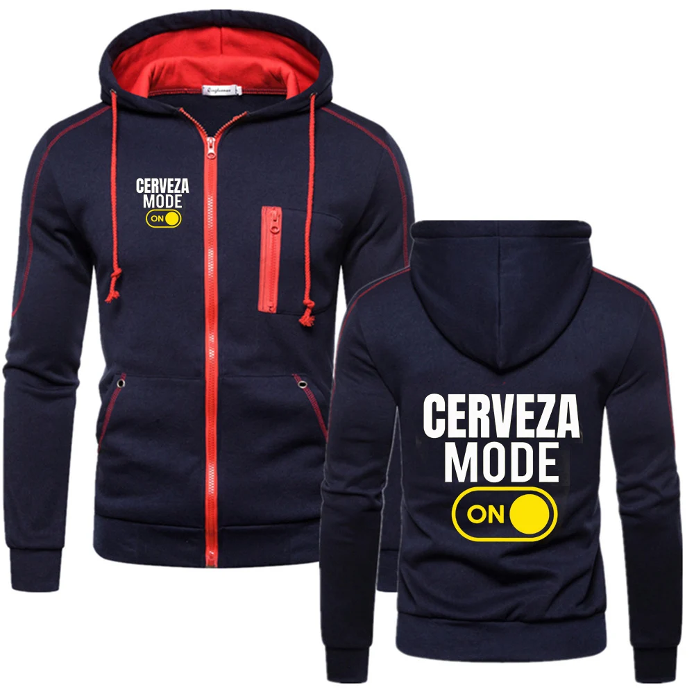 Cerveza Mode Logo Men's solid-color sweatshirt suitable for spring and autumn, with multiple pockets hoodies jacket