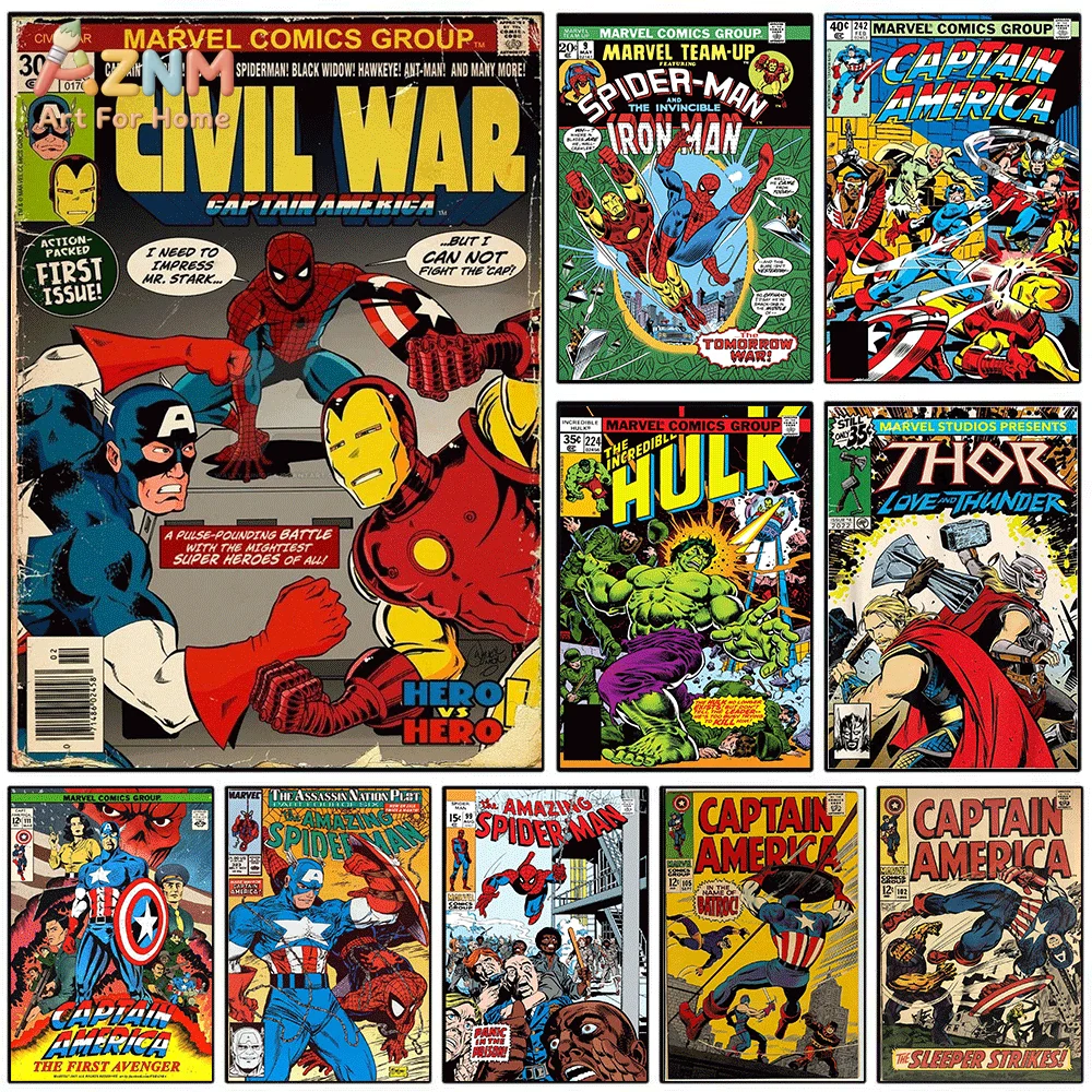 AZNM Marvel Civil War Vintage Comic‑Book Collage Frameless Canvas Wall‑Art Print Retro Superhero Captain America Iron Man Hulk