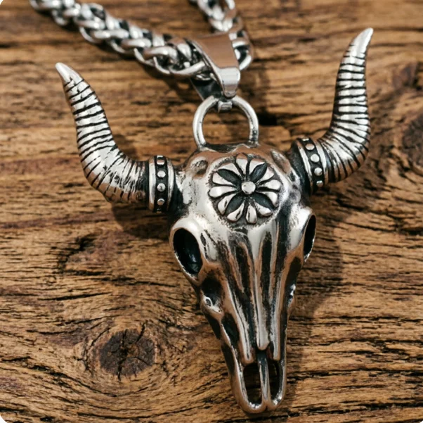 Gothic Totem Bison La Brea Tar Pits Ox Horn Buffalo Bull Head Skull Necklace Goth Jewelry