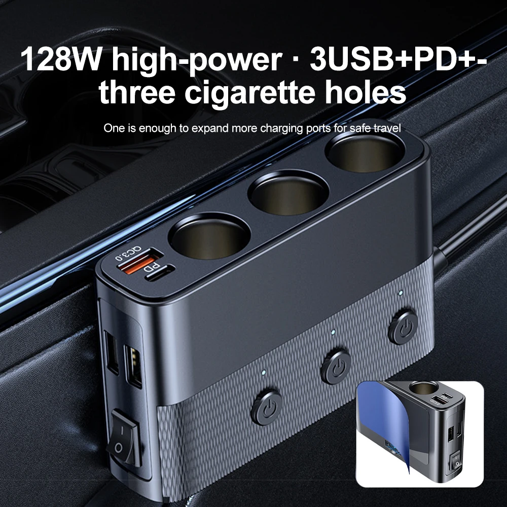 128W 7 in 1 Car Charger Multi-function Cigarette Lighter Splitter C28 Conversion Plug USB Charging Socket Car Accessaries