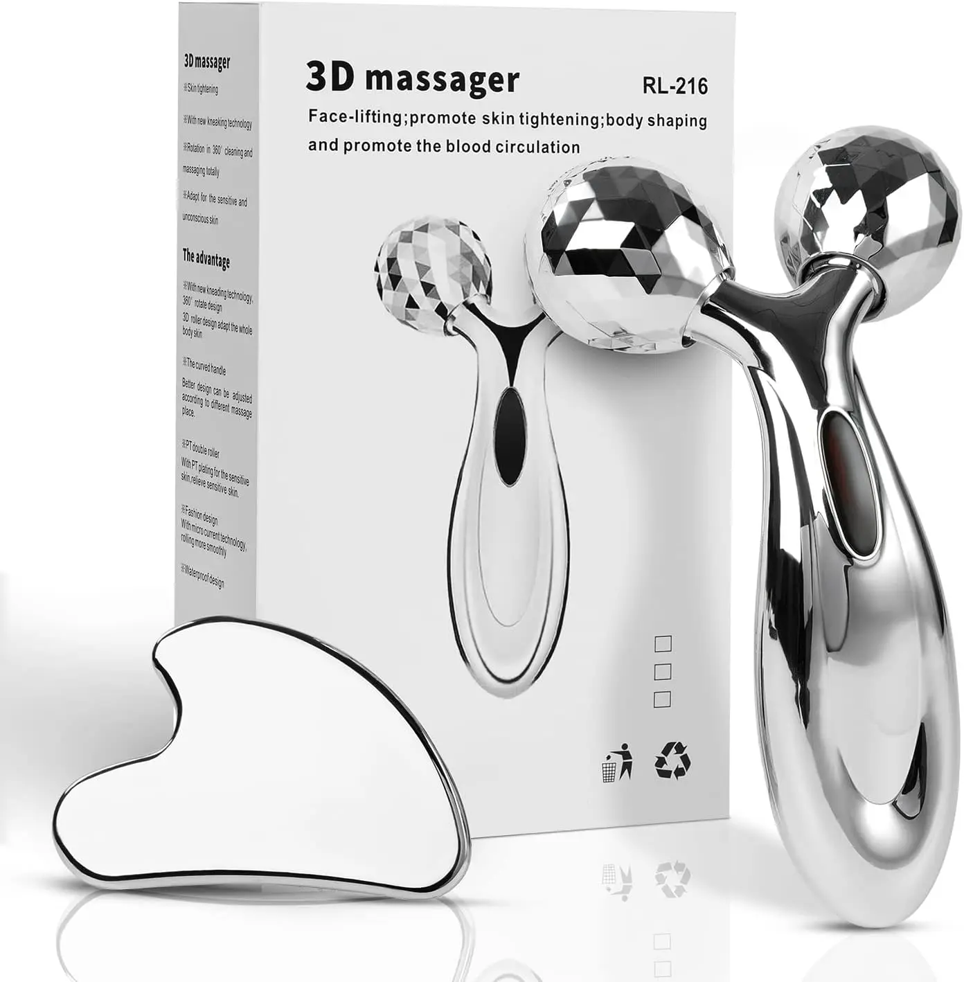 Stainless Steel Gua Sha & Face Roller Set, Facial Sculpting Tool for Women