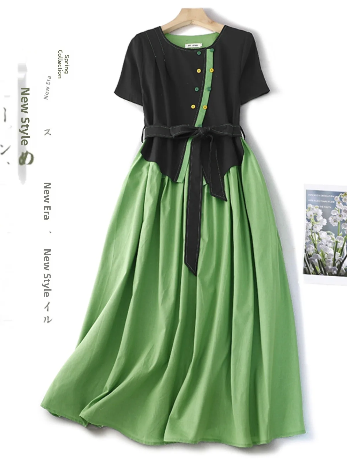 Color Block Fake Two-Piece Dress Women's Loose Cotton Linen A-Line Skirt Vintage Style round Neck Long Sleeve Dress