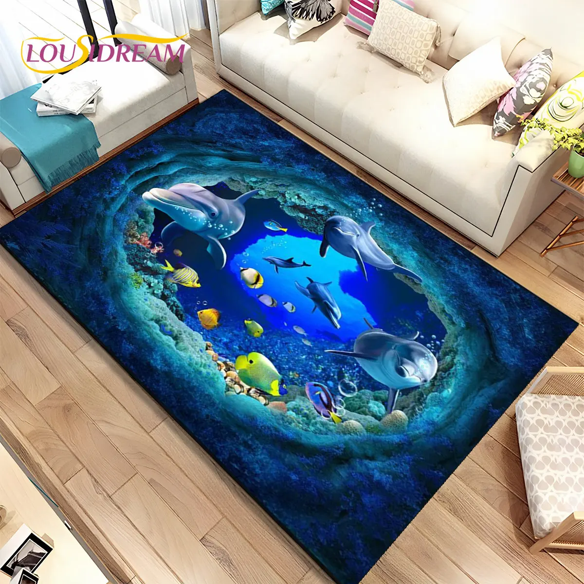 3D Illusion Seabed Underwater World Dolphin Shark Area Rug,Carpet Rug for Living Room Bedroom Sofa Doormat,Non-slip Floor Mat