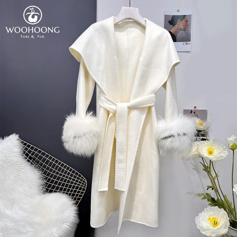 New Winter Coat Natural Fox Hair Sleeve Wool Coat Women'S Long Cashmere Reversible Coat Real Fur Grass Coat