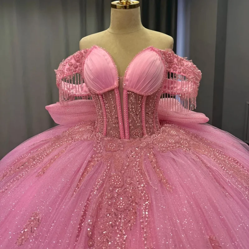 

Shiny Pink Quinceanera Dress Crystal Glitter Flower Decal off-shoulder Long tail Bow Vestidos De 15 Quinceanera ﻿Customize