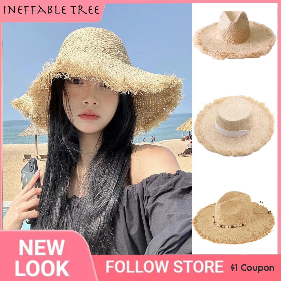 

Summer Natural Raffia Straw Cap Large Wide Brim Sun Hats for Women Panama Ladies Anit-uv Travel Holiday Beach Floppy Jazz Gorras