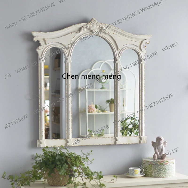 French living room sofa background wall wall wall hanging mirror special-shaped white retro carved dressing mirror porch mirror