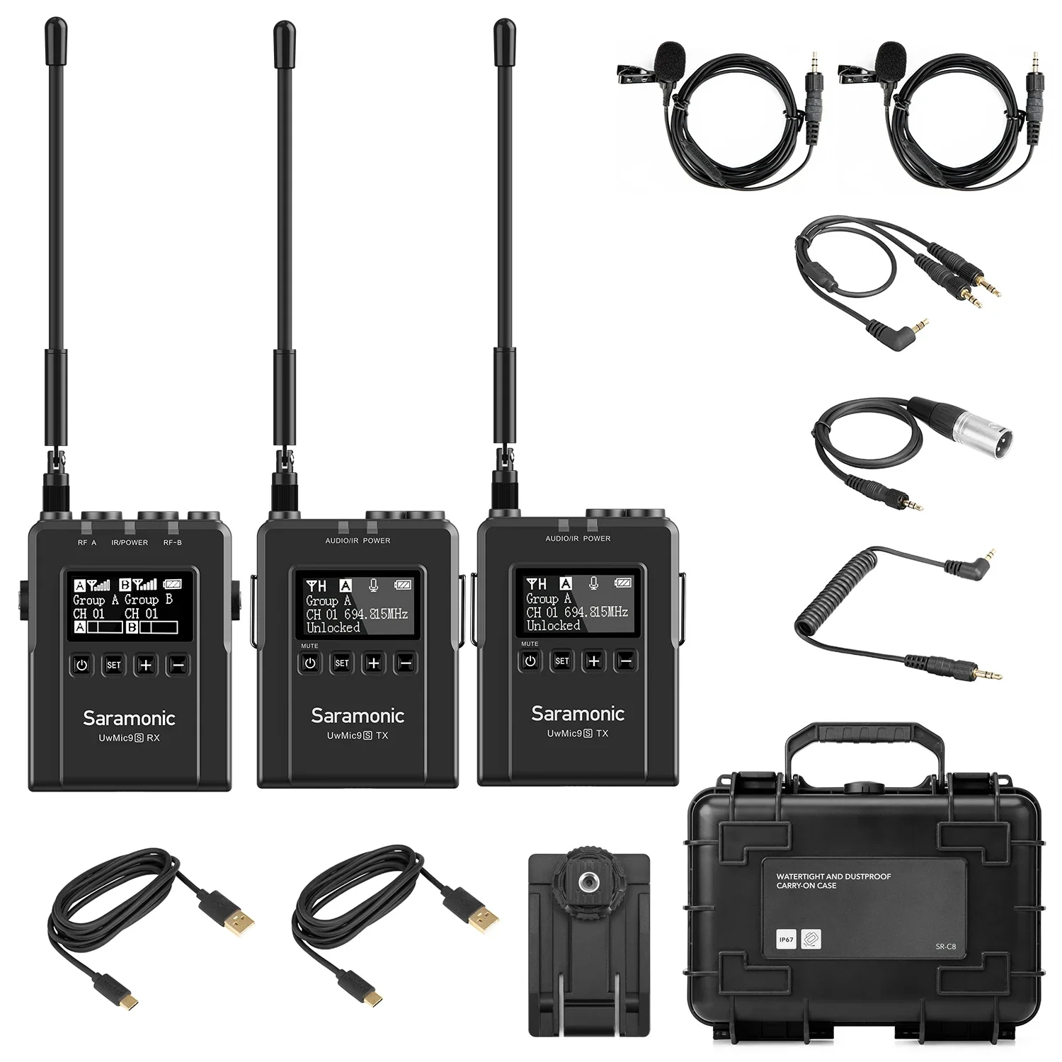 ชุดไมโครโฟนไร้สาย Saramonic UwMic9S Kit2 Mini UHF แบบสองช่องสัญญาณ พร้อมจอแสดงผล OLED ระบบโมโน/สเตอริโอ พร้อมระบบมอนิเตอร์หูฟัง