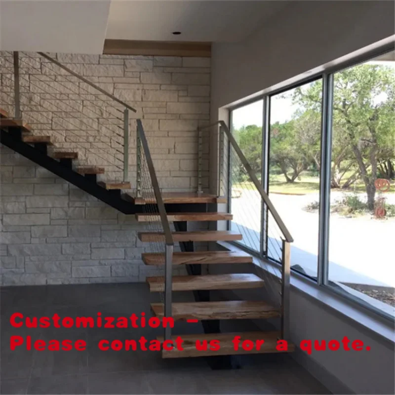 custom.Prima Eco-Friendly Single-String Indoor Straight Stairs Solid Wood Tempered Glass Iron  Customized Design All